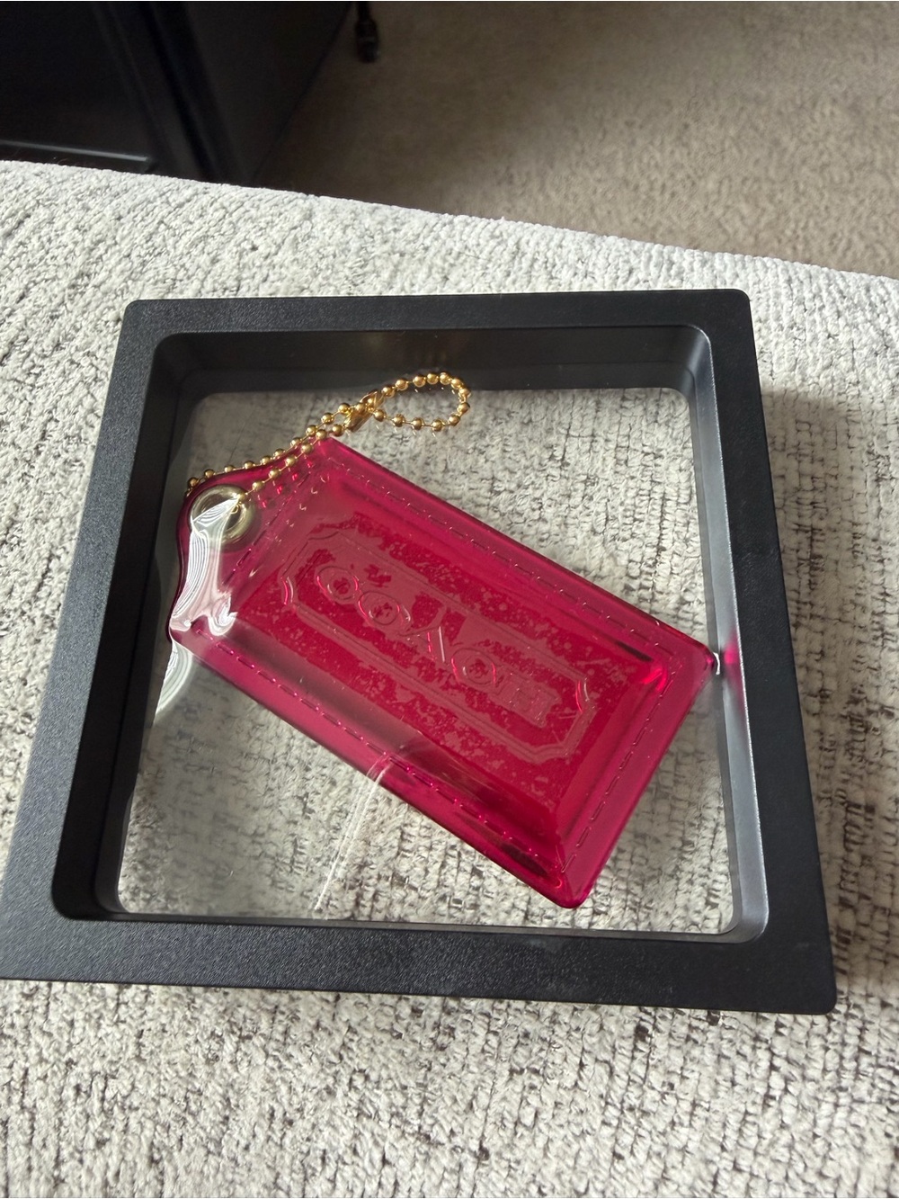 Coach Large Clear Hot Pink/Metallic Tag Keychain with Gold Ball Chain 3.5”